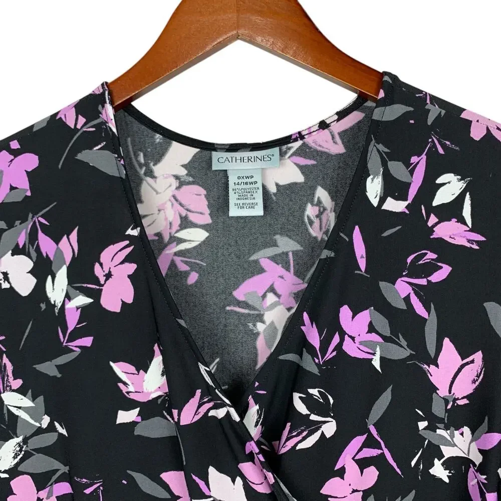 Catherines Faux Wrap Dress Maxi Black Purple Dark Floral Stretchy Womens 14 16WP - Picture 3 of 8